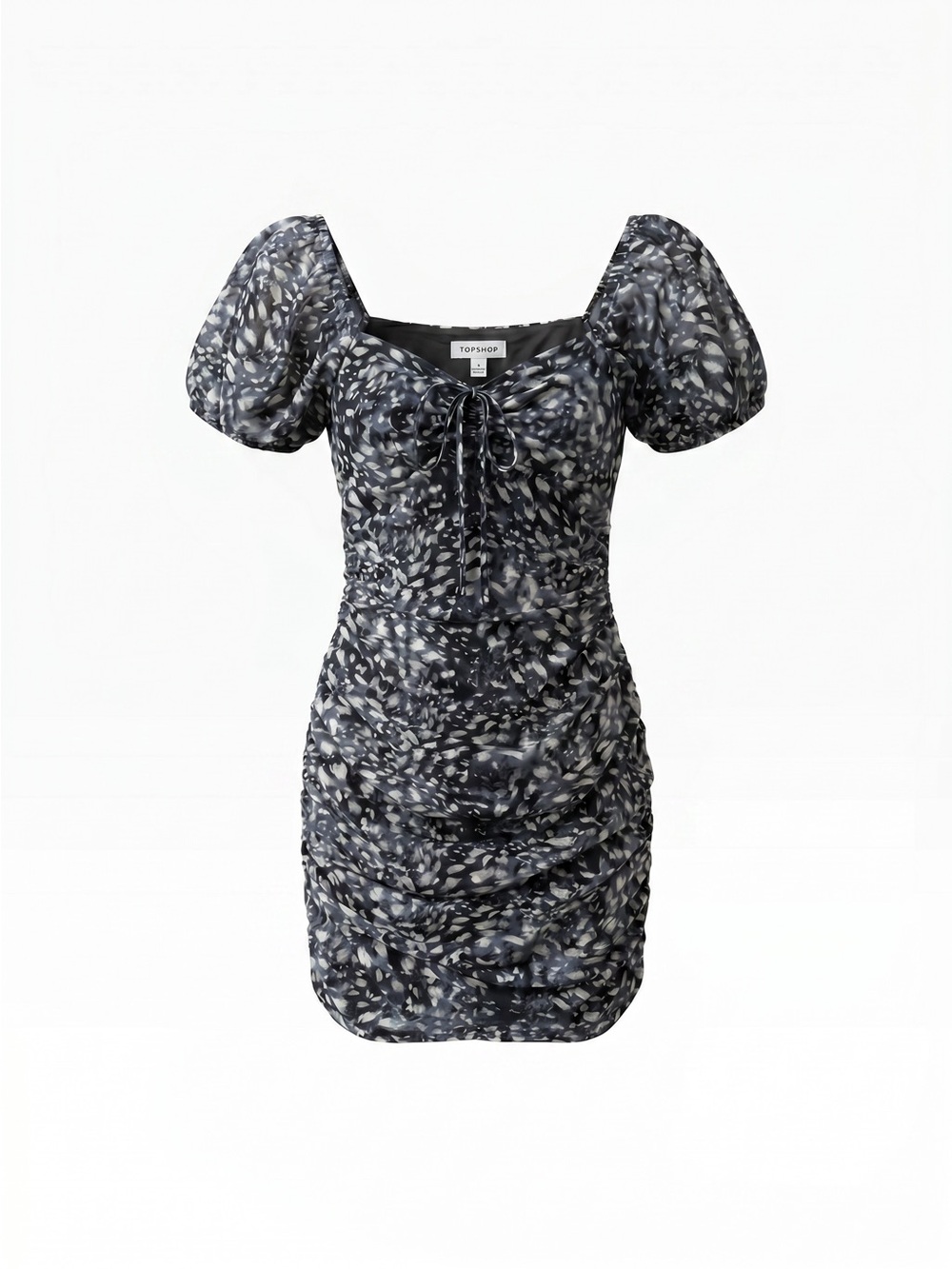 Topshop Ruched Puff Sleeve Bodycon Mini Dress Size 6 Monochrome